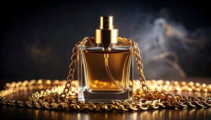 Elegant perfume bottle with golden chain luxury fragrance and beauty product concept for advertising