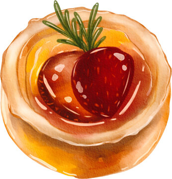 Strawberry Egg Tart Watercolor Illustration