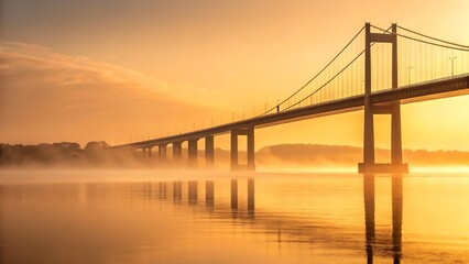 Fototapeta premium Majestic suspension bridge bathed in golden sunrise mist