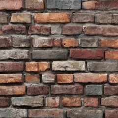 Obraz premium A textured brick wall with varied colors and aged appearance, mortar present