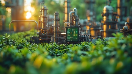 Futuristic eco friendly factory with digital dashboard and lush surroundings