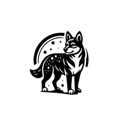 A wolf stands beneath a stylized moon and stars