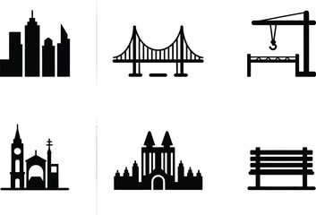 A collection of city infrastructure and architectural icons in black silhouette