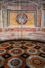 Italy, Europe: details of the frescoed walls and decorated floors of the church of the Certosa di Pavia, (Pavia Charterhouse), famous monastery complex in Lombardy built from 1396 to 1495