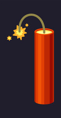 TNT. dynamite box, fuse cartridge belt, red detonators stick burning cable. vector cartoon item.