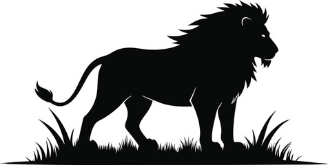 Lion walking in grass silhouette, A lion walking through grass  icon silhouette vector isolated on white background