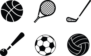 Illustration of various sports equipment including balls and rackets in black