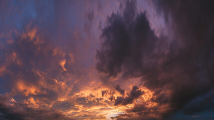 Dramatic sunrise with gradient orange and purple clouds, creating a panoramic abstract sky view.