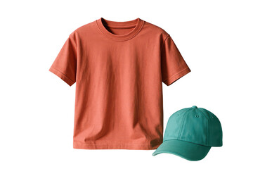 A rust-colored t-shirt and a teal baseball cap.