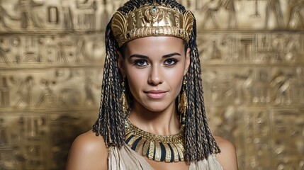 The Egyptian queen Cleopatra gazes forward, wearing a radiant uraeus headdress and jewels, with a shimmering background of golden symbols.
