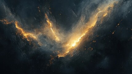 Obraz premium A powerful and dramatic abstract background with glowing gold and silver streaks cutting through a dark, smoky backdrop, creating a high-contrast, opulent visual