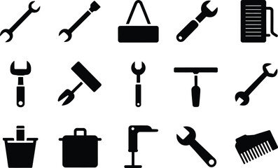 Obraz premium Collection of various black and white icons representing tools and hardware