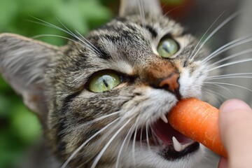Tabby cat eagerly munching on a fresh carrot held by a hand, showcasing a playful interaction between pet and owner in a vibrant outdoor setting with greenery