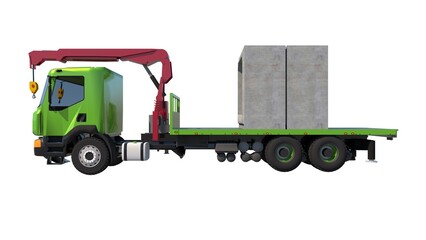 3D render of a green semitruck with a 20-ton mounted crane carrying two 200cmx200cmx120cm concrete box culverts, from the side against a white set, related to heavy-duty transportation, logistics