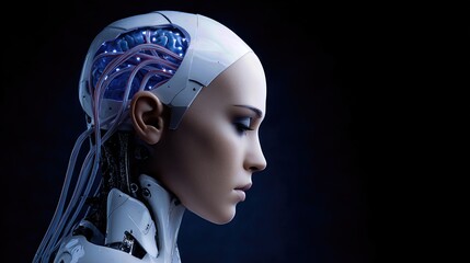 Futuristic female robot with wires feeding into her brain, glowing softly in the dark—an emblem of AI evolution.
