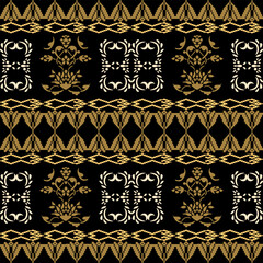 An artwork seamless ethic Songket Padang textile pattern  geometric motifs in a warm golden-brown on  black background. Classic design symmetrical borders traditional weaving artistry.