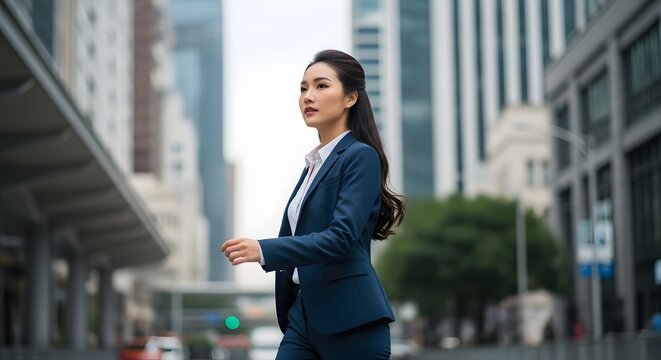 Woman in blue suit walking in city street business 2