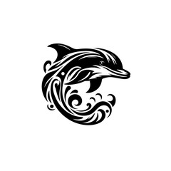 Obraz premium A black and white illustration of a dolphin with wave, isolated on white background