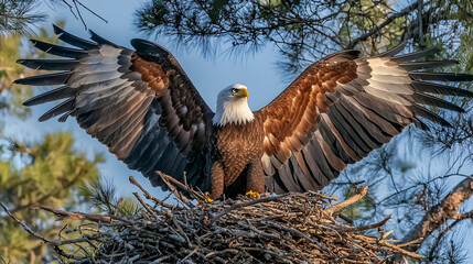 Obraz premium Majestic eagle with outstretched wings perched on a nest high in a tree. Details show intricate wing patterns and plumage