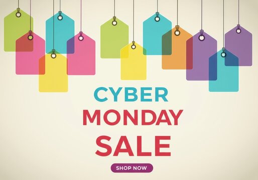 Brightly colored sale tags announcing a cyber monday shopping event