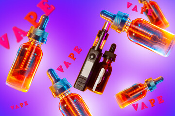 Vape device and colorful e-liquid bottles on vibrant background, symbolizing modern vaping culture,...