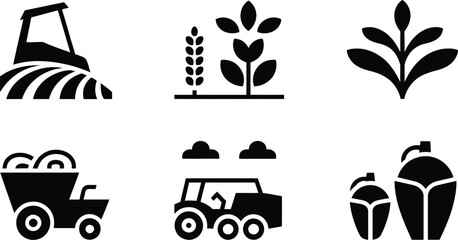 Collection of agricultural icons depicting farming activities and crops.