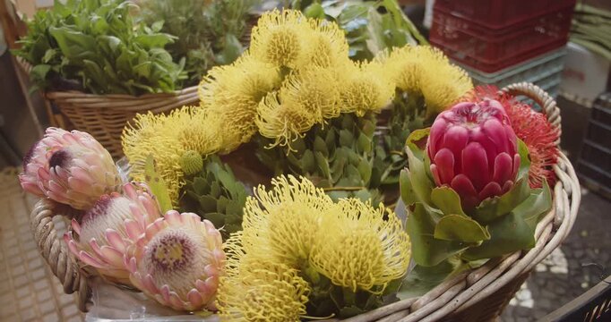 Close-up of colorful Protea flowers in a wicker basket at Lavradores Market in Madeira