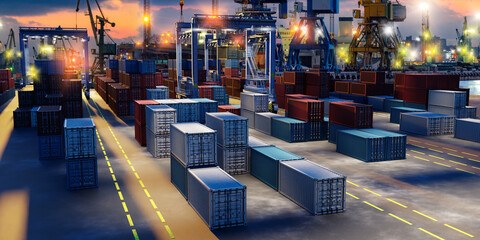 Shipping containers stacked at a busy seaport terminal during sunset, highlighting global trade, freight logistics, and cargo operations. Transport, Logistics, Customs, Export, Import.