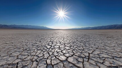 The parched ground splits into deep cracks under the blazing sun, with shimmering heatwaves rising from the arid desert floor.
