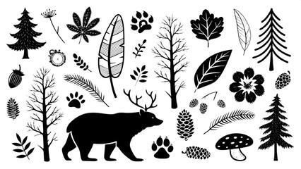 Doodle-style black-and-white icons of forest wildlife and nature elements, such as bears, deer, pine trees, paw prints, feathers, mushrooms, acorns, and leaves. Presented in a modern, minimalist compo