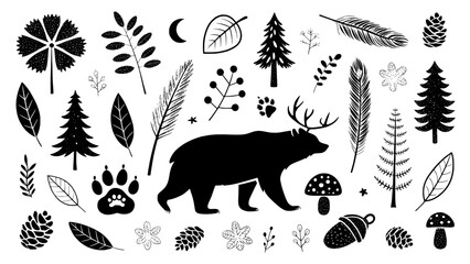 Doodle-style black-and-white icons of forest wildlife and nature elements, such as bears, deer, pine trees, paw prints, feathers, mushrooms, acorns, and leaves. Presented in a modern, minimalist compo