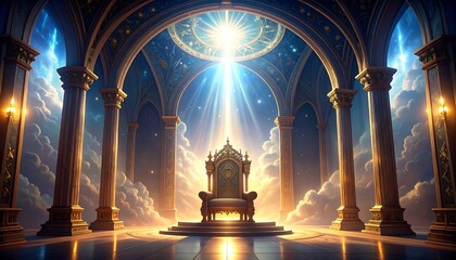 Majestic Throne Room with Celestial Light and Clouds Representing Power Divinity and Transcendence
