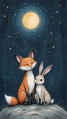 A Starry Night Embrace: Woodland Friends Under the Lunar Glow