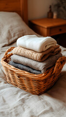 Obraz premium Wicker basket with folded towels on bed in cozy bedroom 