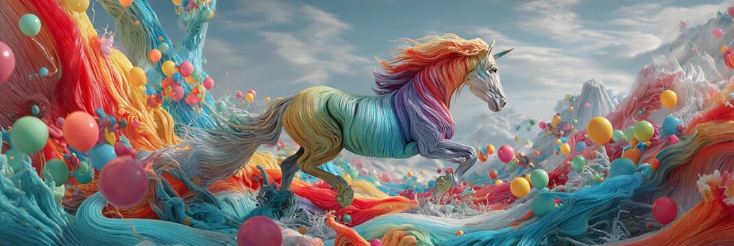 A rainbow unicorn leaping through a vibrant landscape filled with colorful balloons and flowing textures