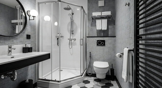 Modern monochrome hotel bathroom with glass shower, toilet, and sink.