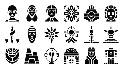 Diverse collection of black glyph icons representing culture art and technology symbols in a modern design