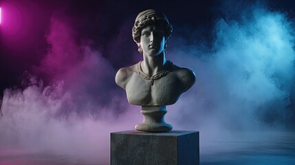 A classical bust of a Greek deity stands armless on a pedestal, bathed in moody neon lights and surrounded by drifting smoke.
