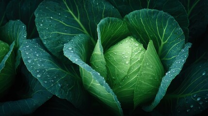 Obraz premium Fresh Green Cabbage with Raindrops on Leaves in Natural Setting