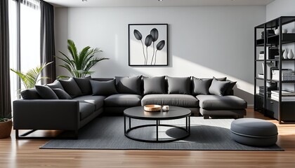 Modern Living Room Interior with Grey Sectional Sofa and Coffee Table