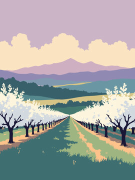 Yuba City, CA &ndash; Sutter Buttes view and orchard rows in butte tan, orchard green, blossom white, and sky lavender