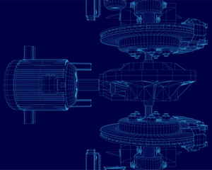 A 3D model of a gearbox with intricate wireframe details, highlighting internal components and mechanical design, including an electric motor. The technical blueprint features precise engineering.