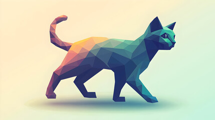 Low-poly cat illustration.  A walking cat is depicted using geometric shapes, creating a colourful, three-dimensional effect.  Soft lighting and pastel colour palette