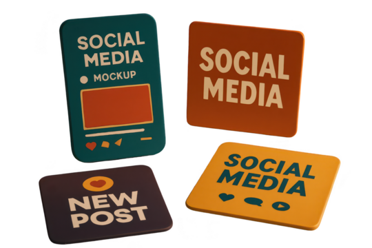 Colorful social media mockups with new post options.