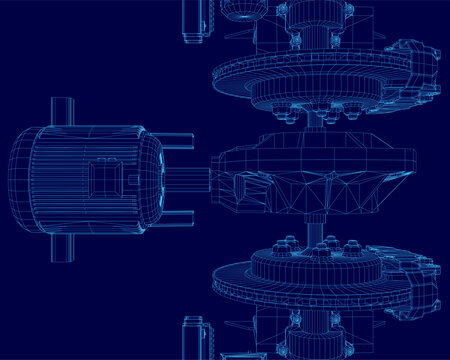 A 3D model of a gearbox with intricate wireframe details, highlighting internal components and mechanical design, including an electric motor. The technical blueprint features precise engineering.