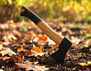 Rusty Axe Stuck in Tree Trunk in Forest: Old Hand Tool on Mossy Ground Surrounded by Lush Wilderness for Survival, Logging, or Outdoor Bushcraft Themes

