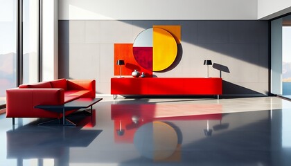 Modern Living Room Interior with Red Furniture and Reflective Floor
