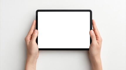 Hands holding a tablet with blank screen