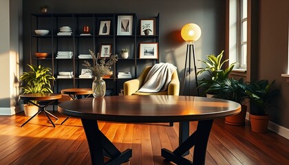 Modern Living Room Interior with Round Table and Warm Lighting