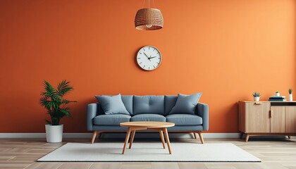 Modern Living Room Interior with Orange Wall and Cozy Sofa